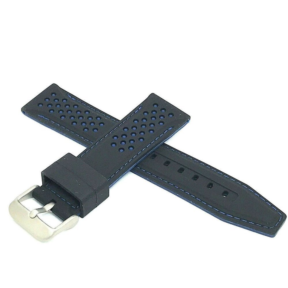 Mens Watch Band Replacement Black Blue Rubber Strap 22mm Lug Silver Buck